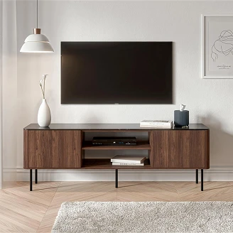 TV-Bänk Averiqo Valnöt, Svart Marmor med Elektrisk Eldstad 150 cm