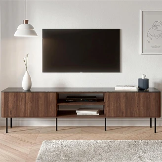 TV-Bänk Averiqo Valnöt, Svart Marmor med Elektrisk Eldstad 200 cm
