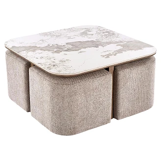 Soffbord med Puffar Kavro Beige Marmor, Valnöt