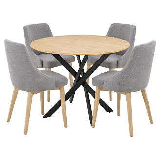 Matgrupp med Bord Gyllene Ek, Svart Ø100 cm & 4 Stolar Grå, Sonoma Ek Munli