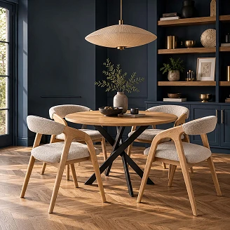Matgrupp med Bord Gyllene Ek, Svart Ø100 cm & 4 Stolar Naturlig Ek Munli
