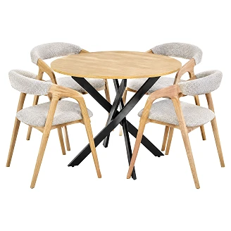 Matgrupp med Bord Gyllene Ek, Svart Ø100 cm & 4 Stolar Naturlig Ek Munli