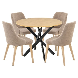 Matgrupp med Bord Gyllene Ek, Svart Ø100 cm & 4 Stolar Sonoma Ek, Sonoma Ek Munli
