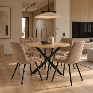 Matgrupp med Bord Gyllene Ek, Svart Ø100 cm & 4 Stolar Cappuccino Munli