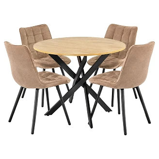 Matgrupp med Bord Gyllene Ek, Svart Ø100 cm & 4 Stolar Cappuccino Munli