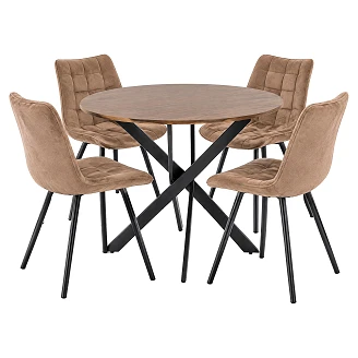 Matgrupp med Bord Valnöt, Svart Ø100 cm & 4 Stolar Cappuccino Munli