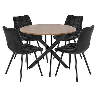 Matgrupp med Bord Valnöt, Svart Ø100 cm & 4 Stolar Svart Munli