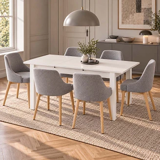 Matgrupp med Bord Vit 135x60 cm & 6 Stolar Grå, Sonoma Ek Ivex