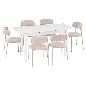Matgrupp med Bord Vit 135x60 cm & 6 Stolar Beige Ivex