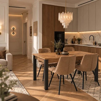 Matgrupp med Bord Votan Ek, Svart 100x60 cm & 4 Stolar Cappuccino Ivex