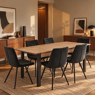 Matgrupp med Bord Votan Ek, Svart 135x60 cm & 6 Stolar Svart Ivex