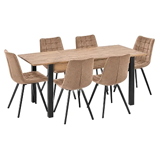 Matgrupp med Bord Votan Ek, Svart 135x60 cm & 6 Stolar Cappuccino Ivex